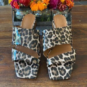 M Gemi Patent Leather Camel Leopard Print Slip-On Sandals Sz 8 (38.5) Italy EUC!